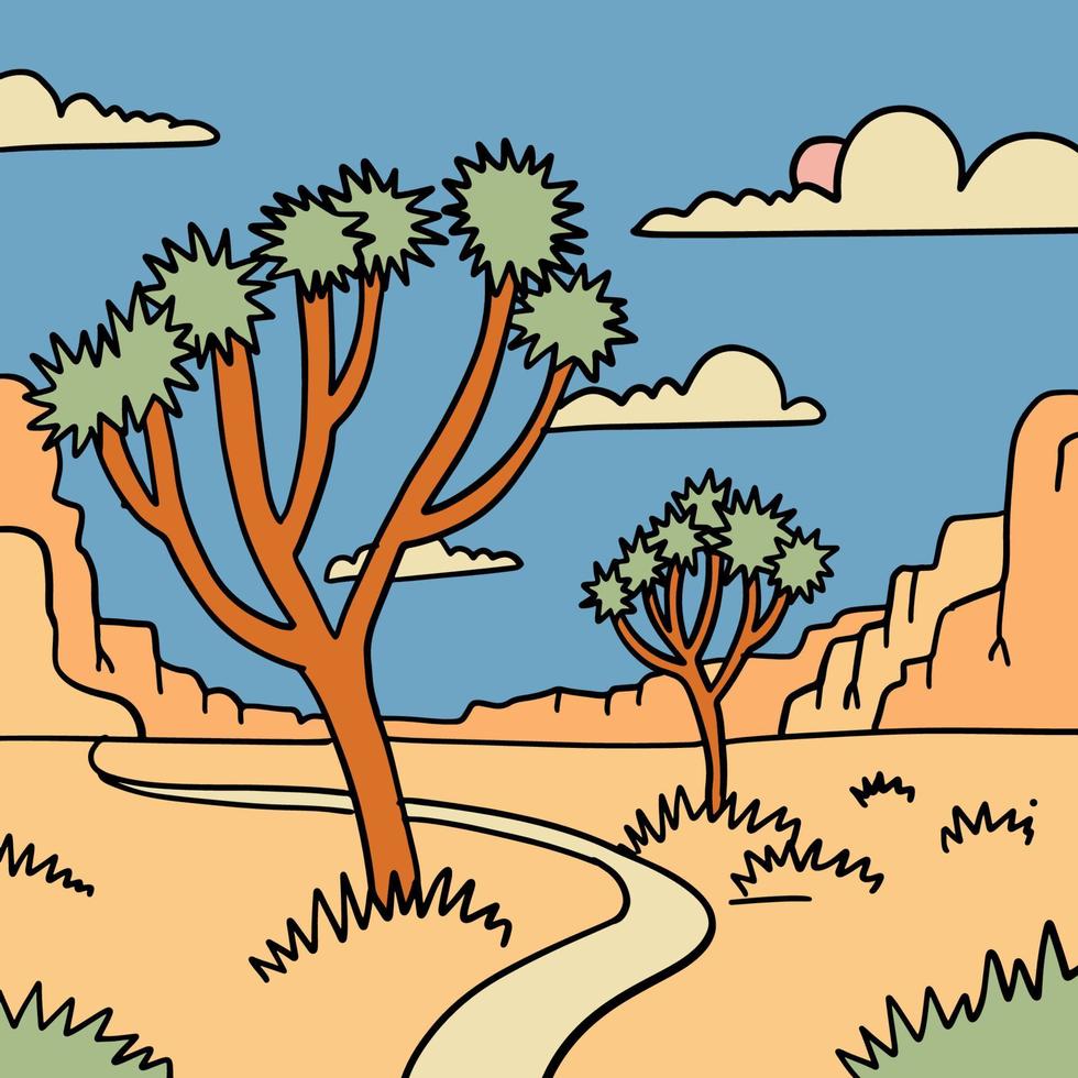 Giosuè albero nazionale parco con deserto paesaggio con yucca nel il primo Piano e il castello montagne nel il sfondo. mano disegnato lineare vettore illustrazione.