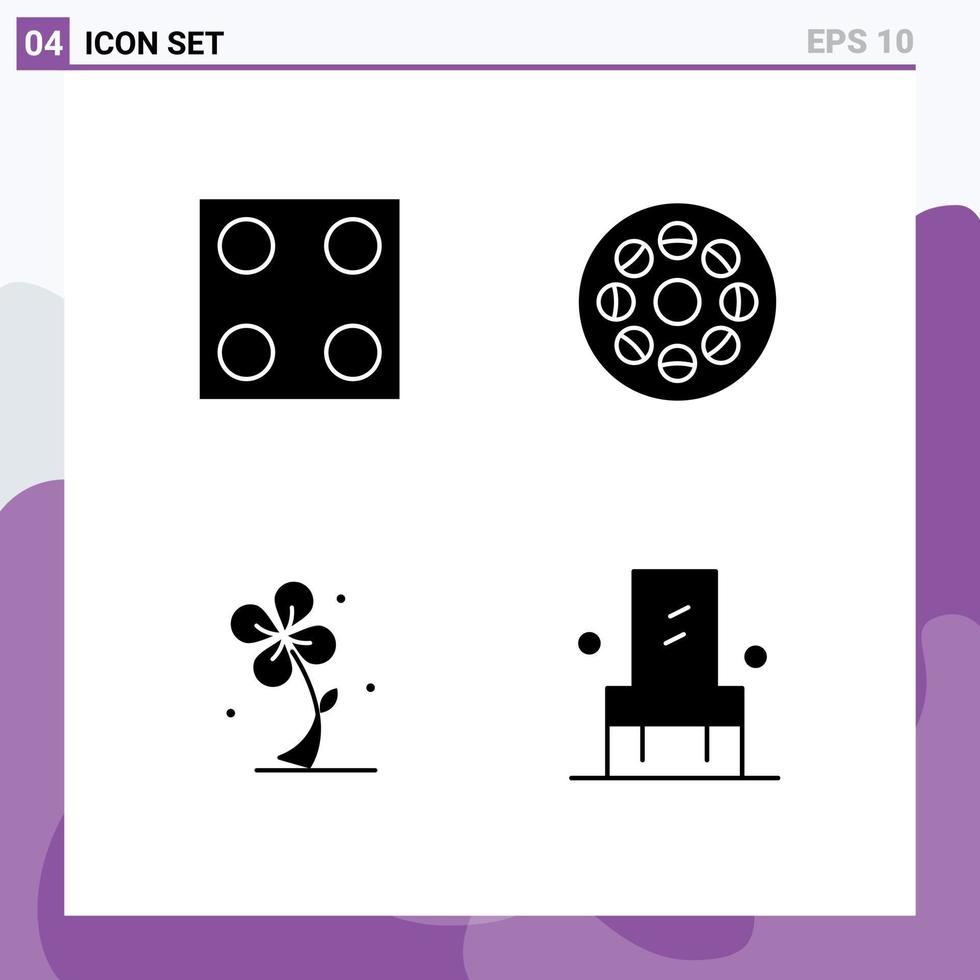 mobile interfaccia solido glifo impostato di 4 pittogrammi di elettro fiore media video primavera modificabile vettore design elementi