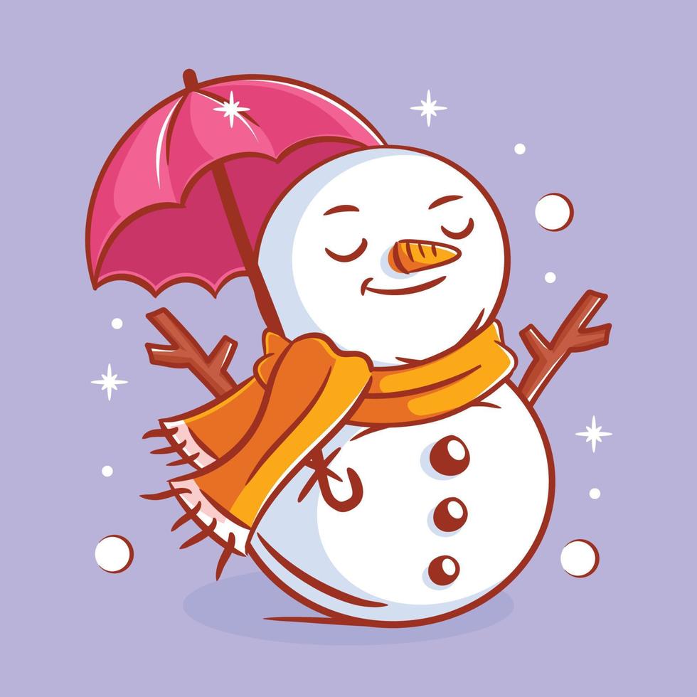 carino pupazzo di neve utilizzando collo più caldo e ombrello vettore