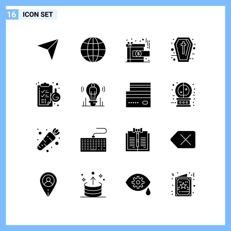 16 icone. solido stile creativo glifo simboli. nero solido icona cartello isolato su bianca sfondo. vettore