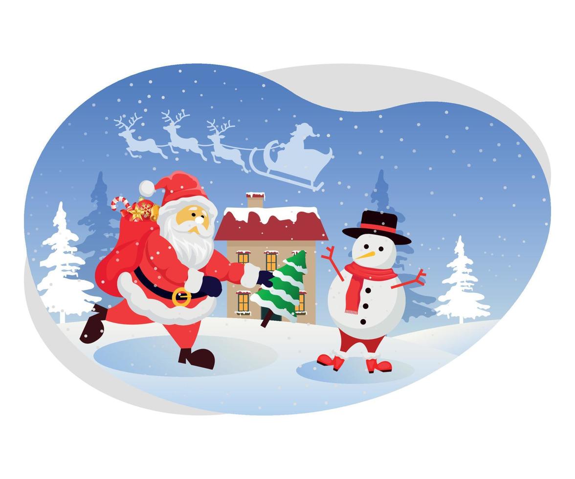 Santa dando regalo per pupazzo di neve illustrazione. vettore