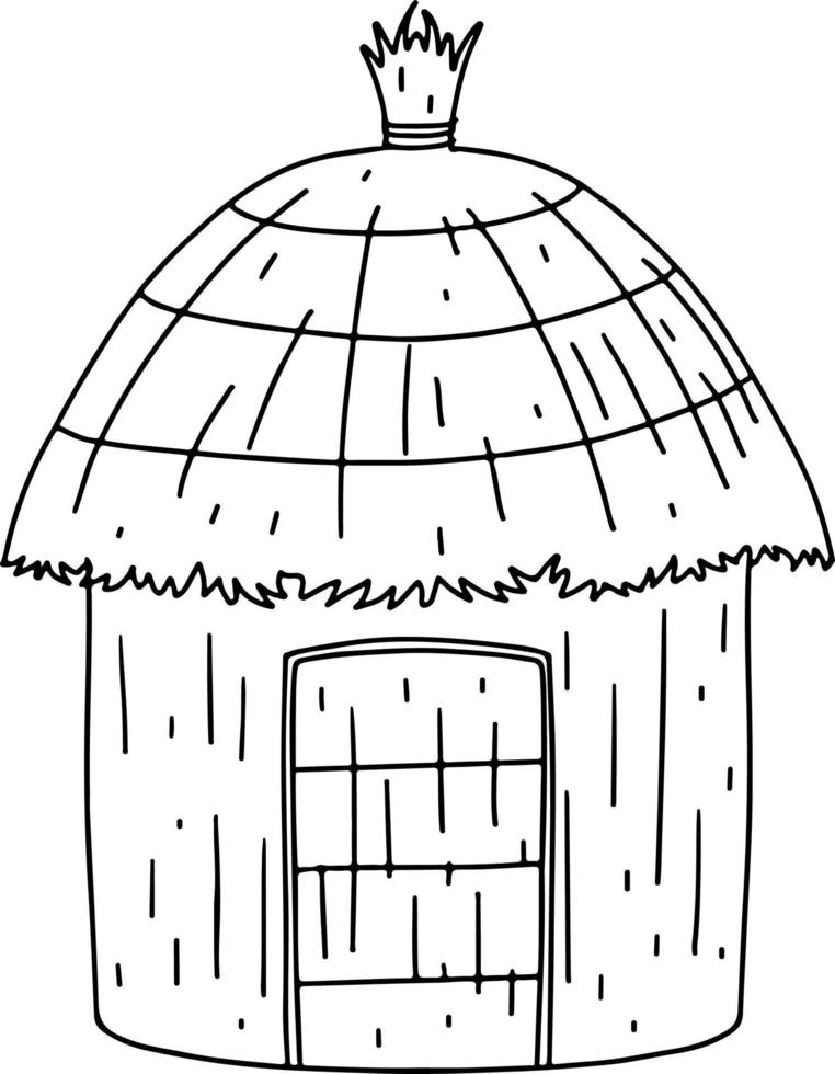 africano nazione Casa con grande tetto nel mano disegnato scarabocchio stile. tipico meridionale Casa. vettore illustrazione. capanna con palma tetto e autentico Entrata.