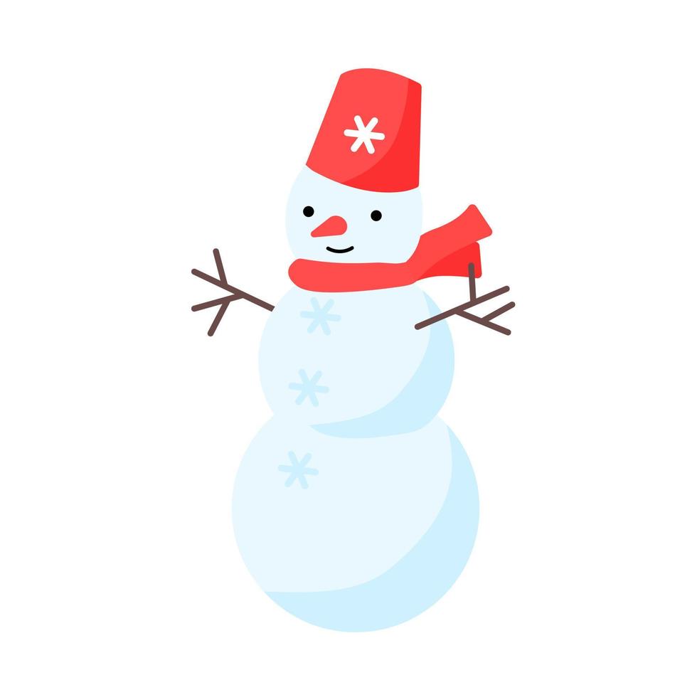 pupazzo di neve con secchio su testa isolato su bianca sfondo. vettore illustrazione. divertente cartone animato inverno elemento.