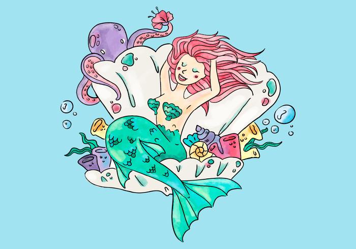 Sirena sveglia all'interno di un ostyer e fiori con polpo vettore