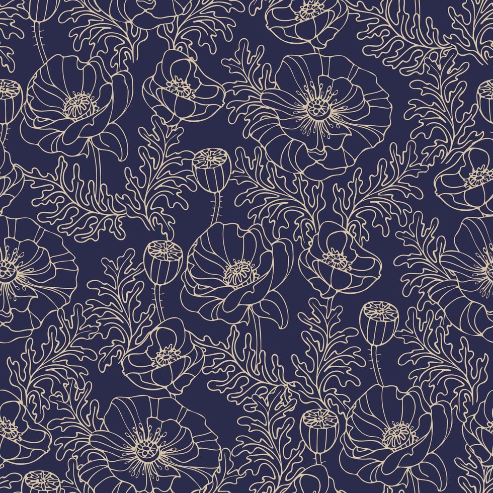estate fiore papavero prato. senza soluzione di continuità modello su un' buio blu sfondo. grazioso fiori. moderno illustrazione nel disegnato a mano stile. per tessile, confezione, sfondo. vettore