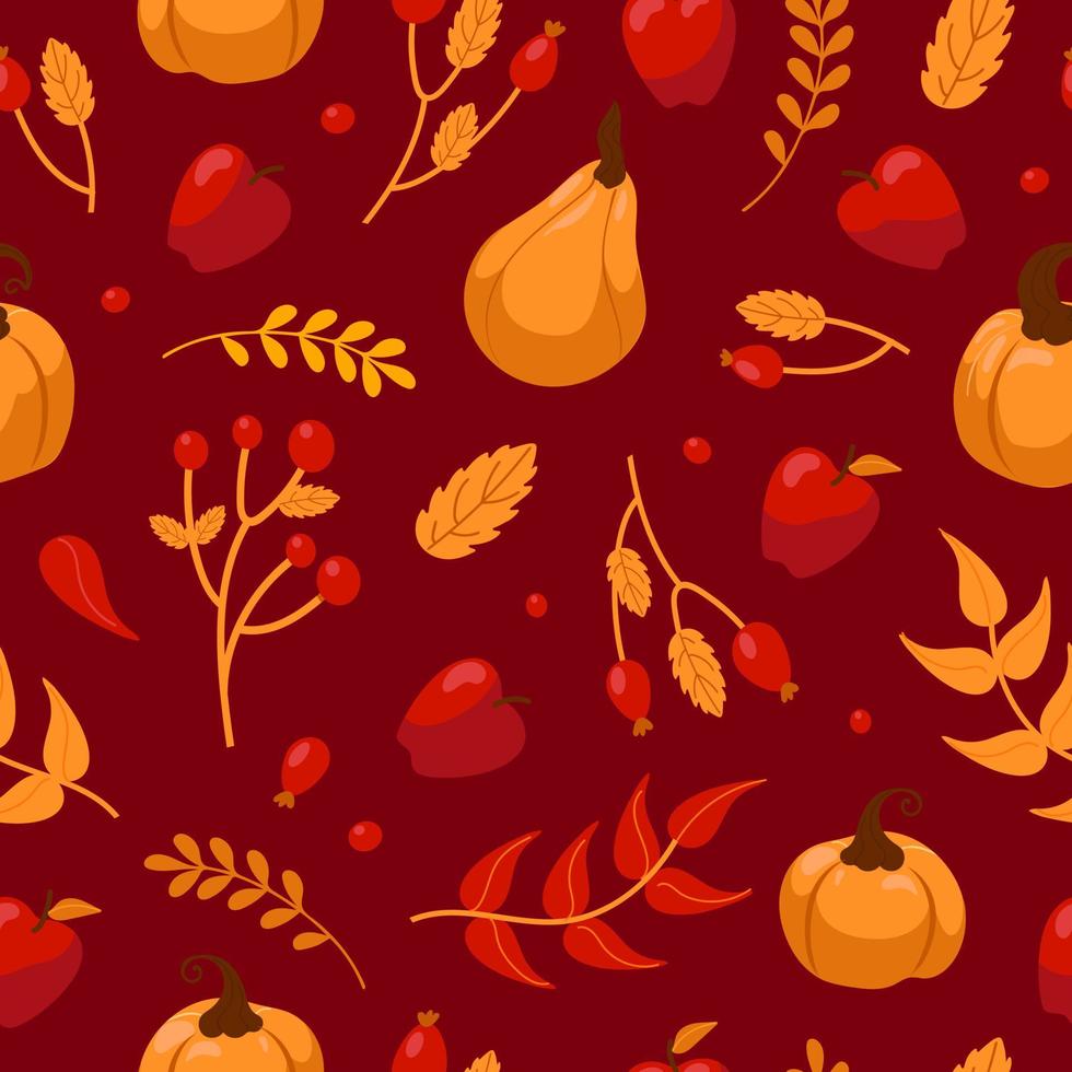 ciao, autunno. raccolta. zucche, frutti di bosco, foglie, mele. luminosa senza soluzione di continuità modello con naturale frutta e pianta elementi. per sfondo, stampa su tessuto, avvolgere. caldo rosso-arancione colori vettore