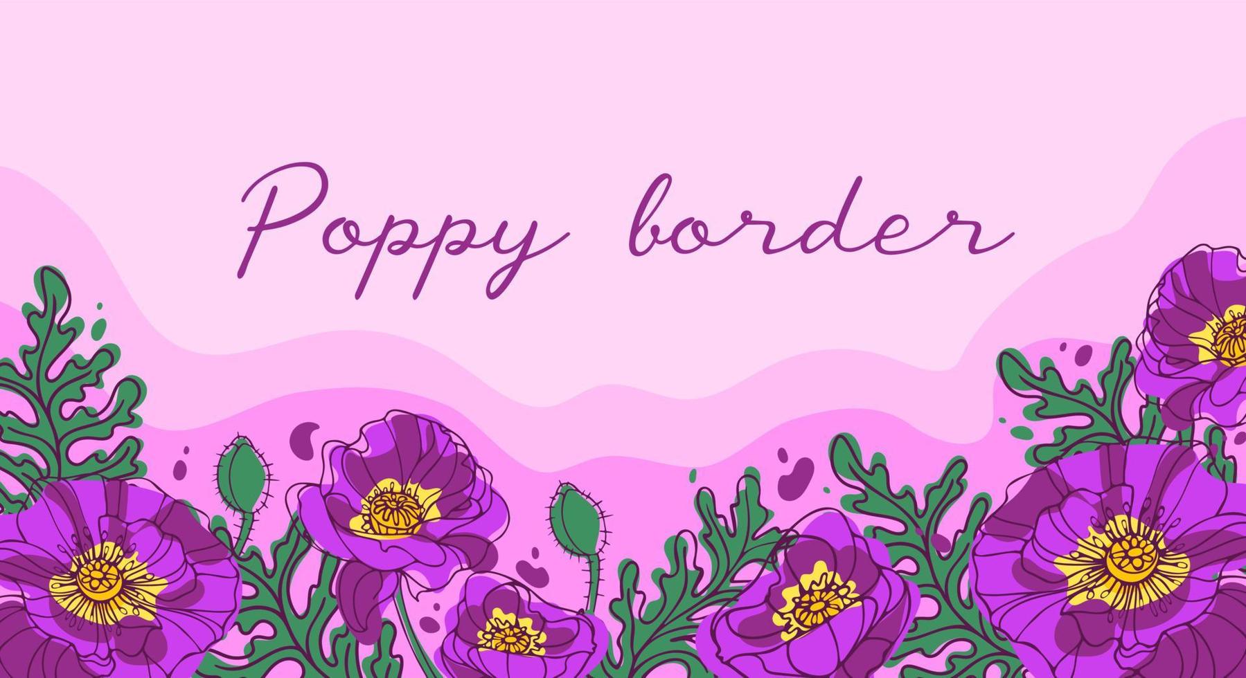orizzontale confine con luminosa fioritura papaveri. nel rosa e verde colori. botanico illustrazione per sfondo, carte, sito web, manifesti, volantini vettore