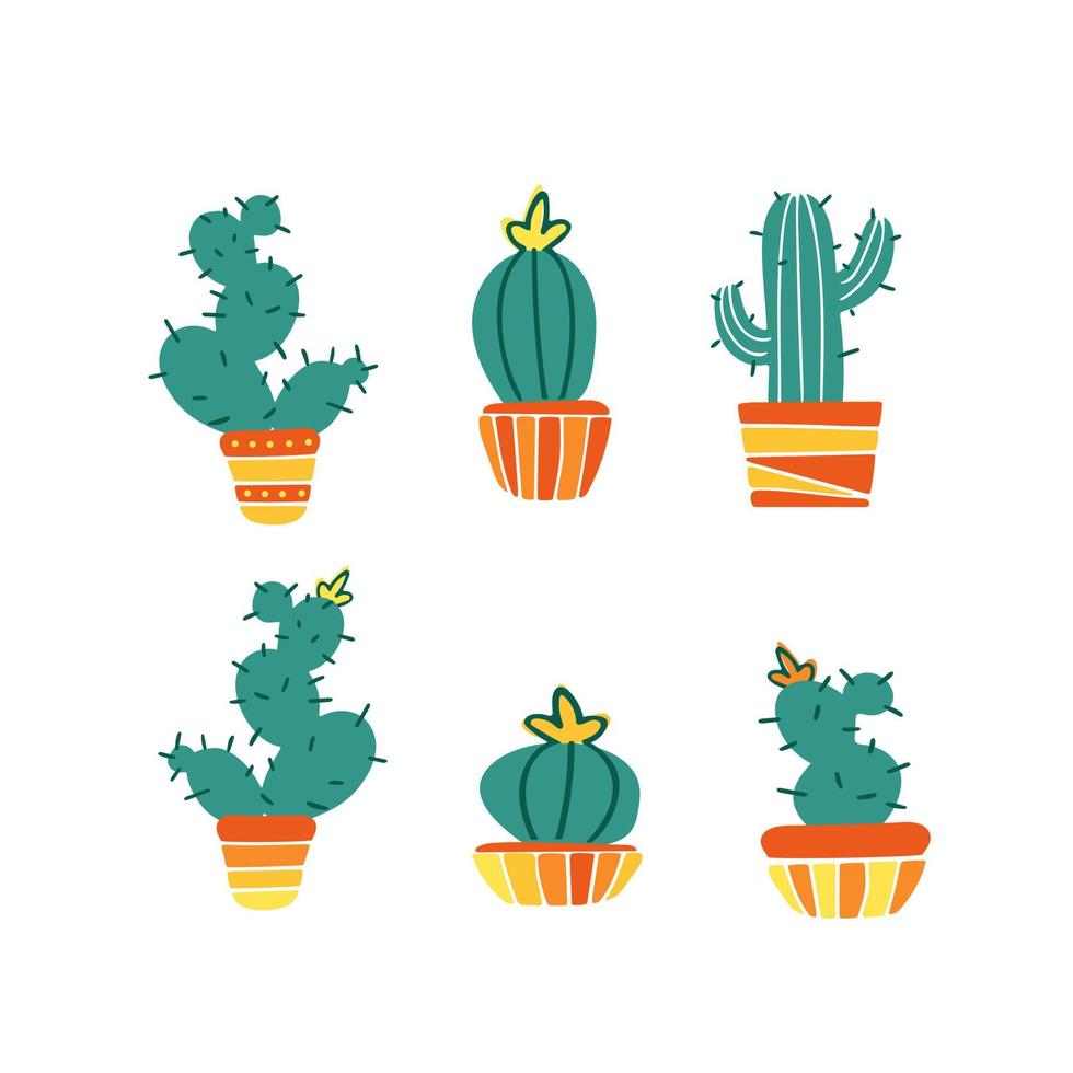 un' impostato di domestico impianti. messicano cactus nel pentole, fiori. luminosa estate vettore piatto illustrazione. isolato design elementi su un' bianca sfondo. per adesivi, manifesti, cartoline, striscioni. pianta della casa