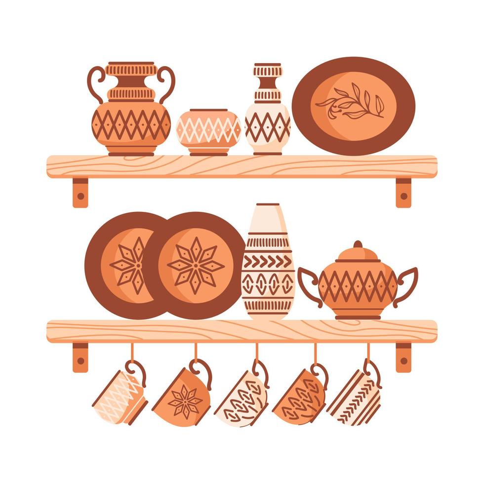 cucina scaffali con utensili. fatto a mano ceramica piatti, etnico ornamenti. anfore, vasi, piatto, pentole, ciotola con etnico modelli. casa comfort, hygge. per manifesti, cartoline, design elementi. vettore