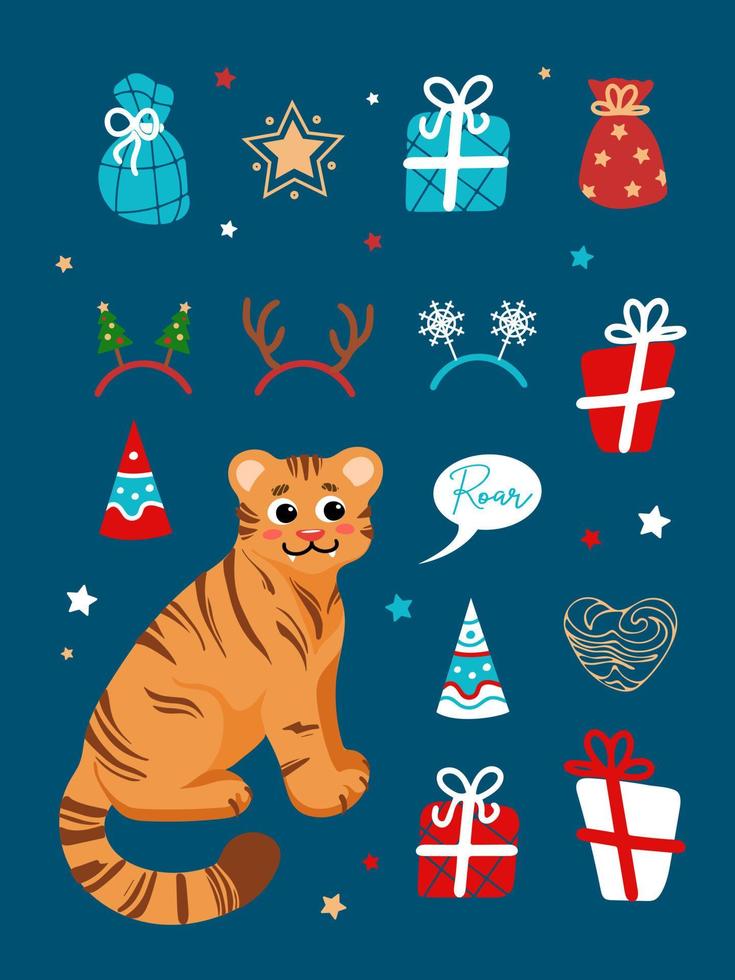 Natale impostato luminosa illustrazioni nel cartone animato stile. tigre simbolo di Cinese nuovo anno 2022. i regali, stelle, festa cappello, cervo corna, Natale alberi, fiocchi di neve. per adesivi, manifesti, cartoline, banner vettore