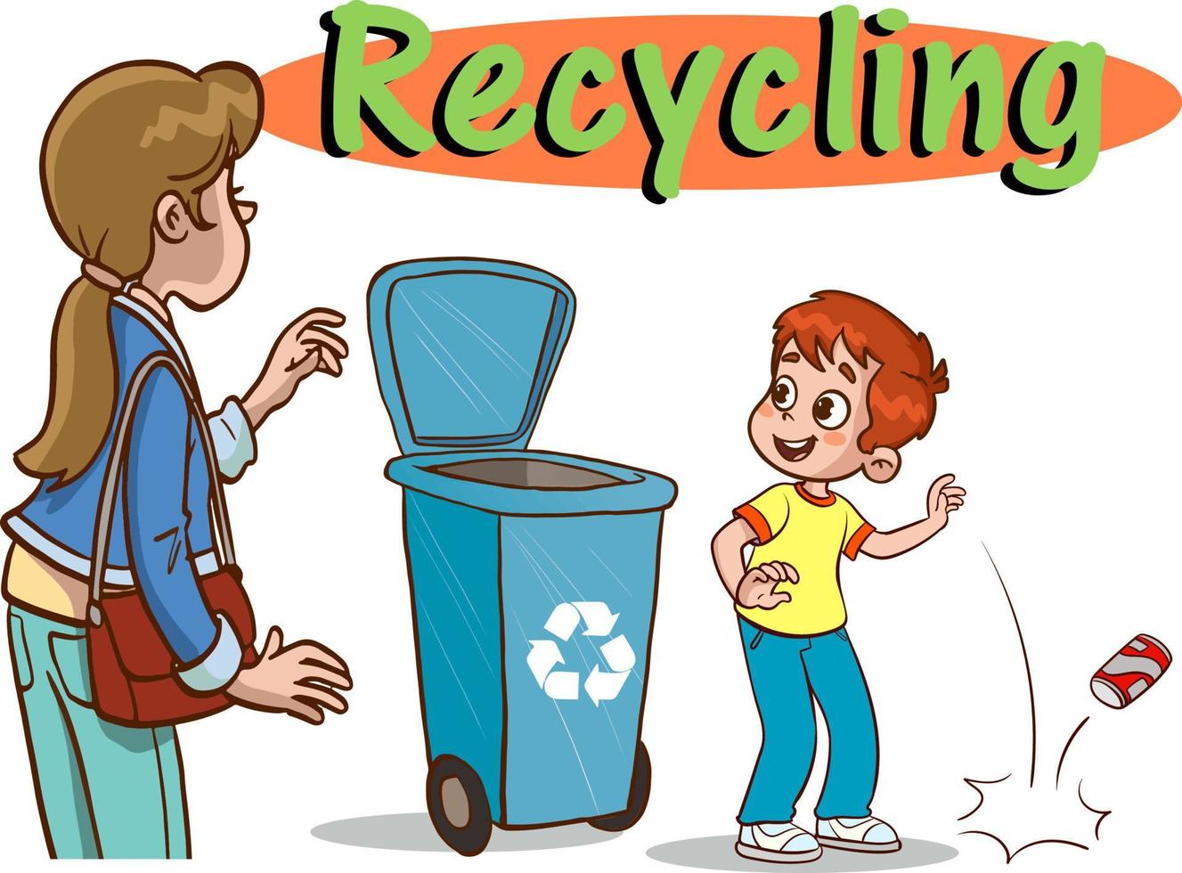 bambini lancio spazzatura nel il raccolta differenziata bin.bambini inquinanti il ambiente cartone animato vettore