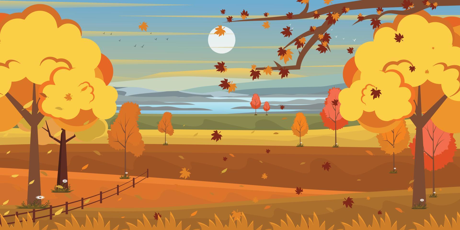 un' panoramico Visualizza nel un autunno sfondo, ben definito piatto illustrazione vettore