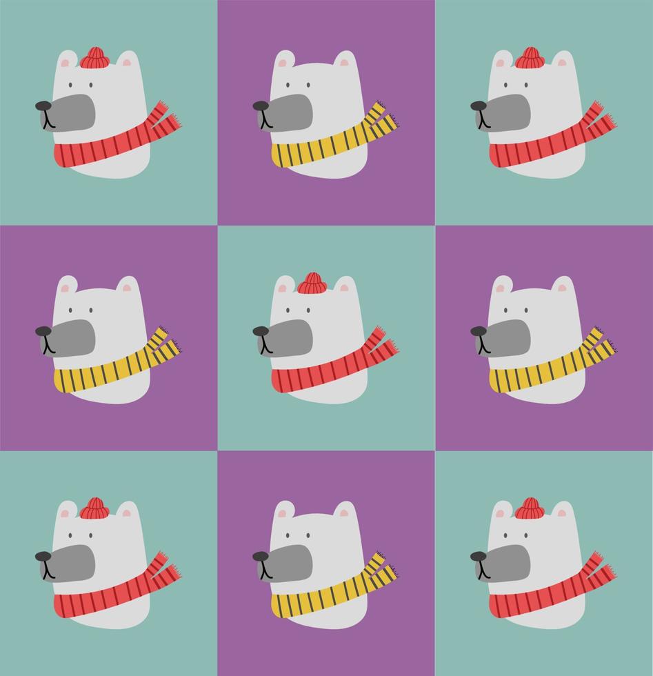 Natale bianca polare orso testa modello su un' viola blu sfondo. vettore illustrazione di carino cartone animato orso nel caldo rosso cappello e rosso giallo sciarpa per saluto carte, stampe