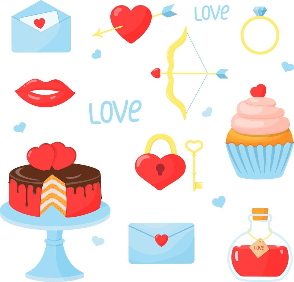 impostato di elementi per San Valentino giorno cuore, torta, cupcake, freccia e arco, squillo, lettera, elisir di amore, serratura con chiave. vettore illustrazione nel cartone animato stile.