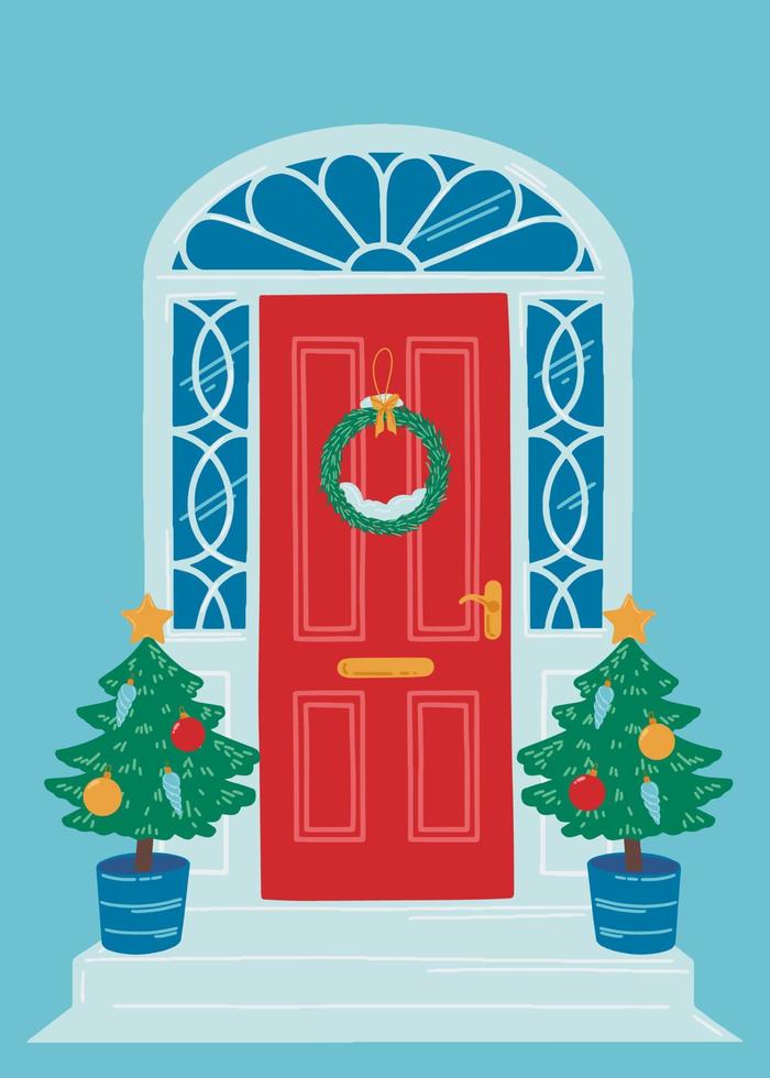 rosso Natale Casa porta su un' blu sfondo. il Ingresso per il Casa è decorato con Natale alberi e un' ghirlanda. vettore artistico illustrazione per cartoline, banner e Stampa.