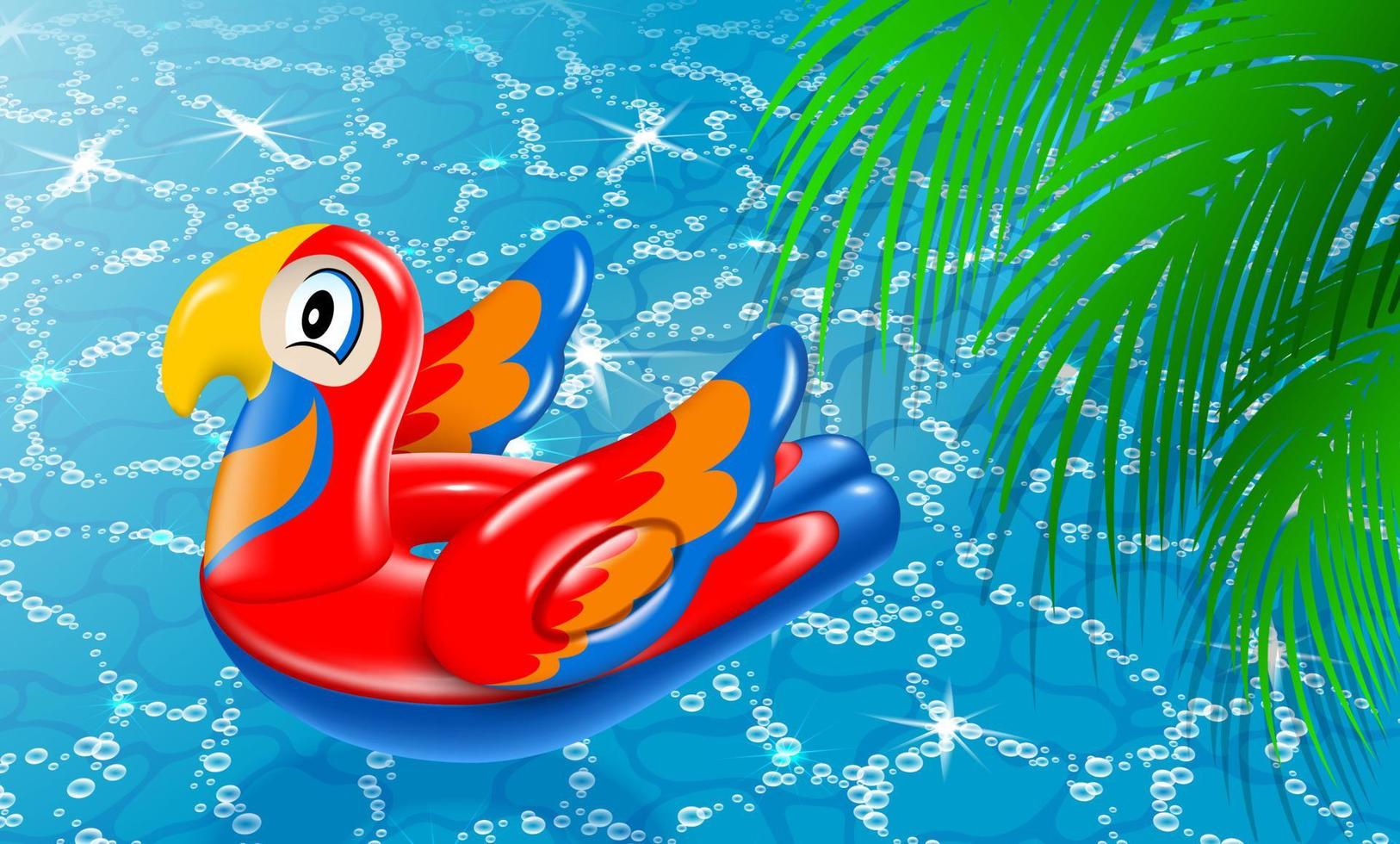 gonfiabile cerchio rosso luminosa pappagallo. estate vacanza bandiera di il acqua nel il piscina. palma le foglie con ombra. realistico 3d illustrazione. vettore. vettore