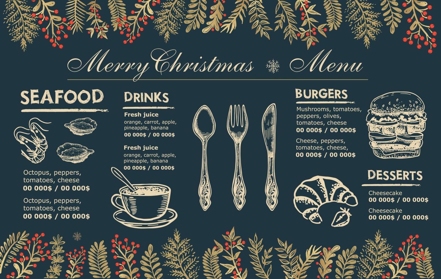 caffè del menu di natale. volantino alimentare. menù del ristorante. disegno del modello. vettore