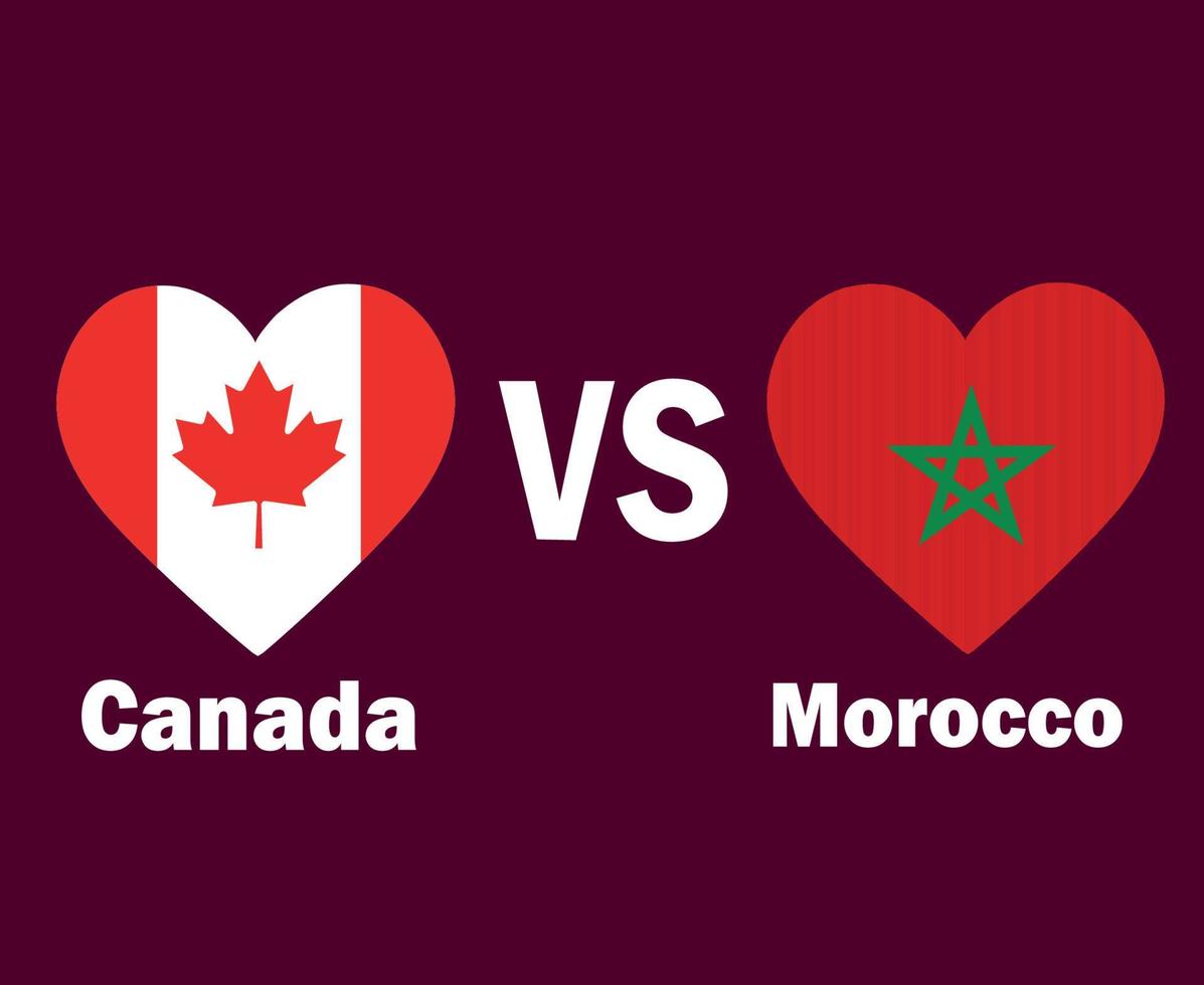 Canada e Marocco bandiera cuore con nomi simbolo design nord America e Africa calcio finale vettore nord americano e africano paesi calcio squadre illustrazione