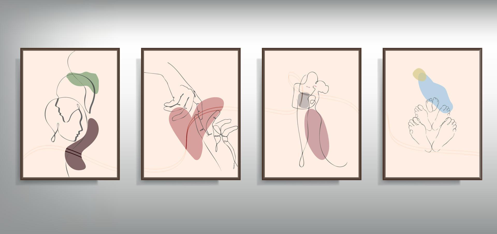 famiglia uno linea disegno stampe impostare. uomo donna creativo contemporaneo astratto linea disegno vettore