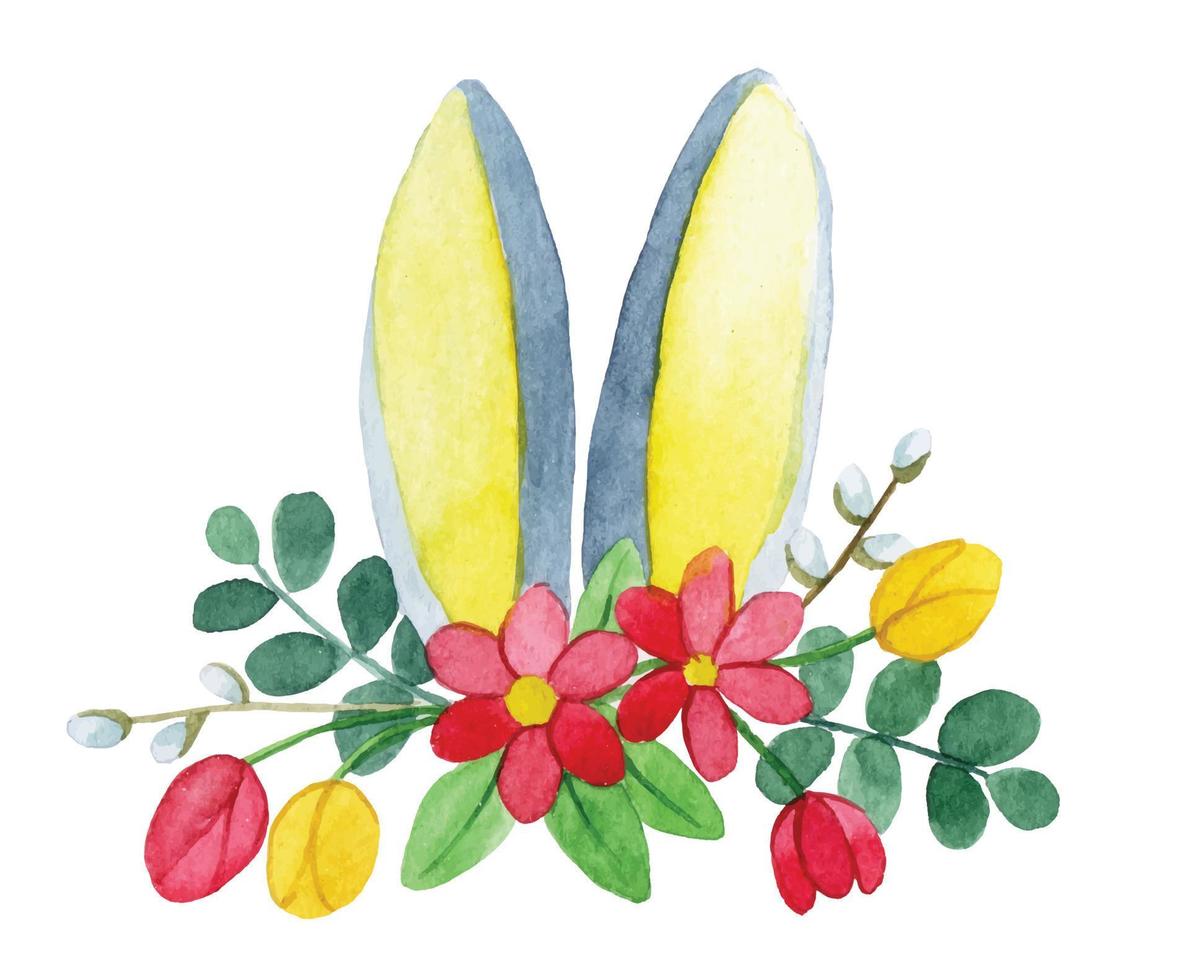 acquerello disegno. carino Pasqua coniglietto con un' mazzo di primavera fiori. coniglio orecchie con floreale ghirlanda vettore