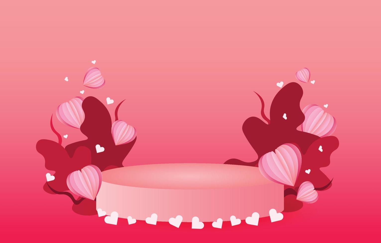 sfondo del concetto di san valentino. illustrazione vettoriale. dolci cuori rossi e rosa tagliati in carta con piedistallo rotondo. banner di vendita di amore carino o biglietto di auguri vettore