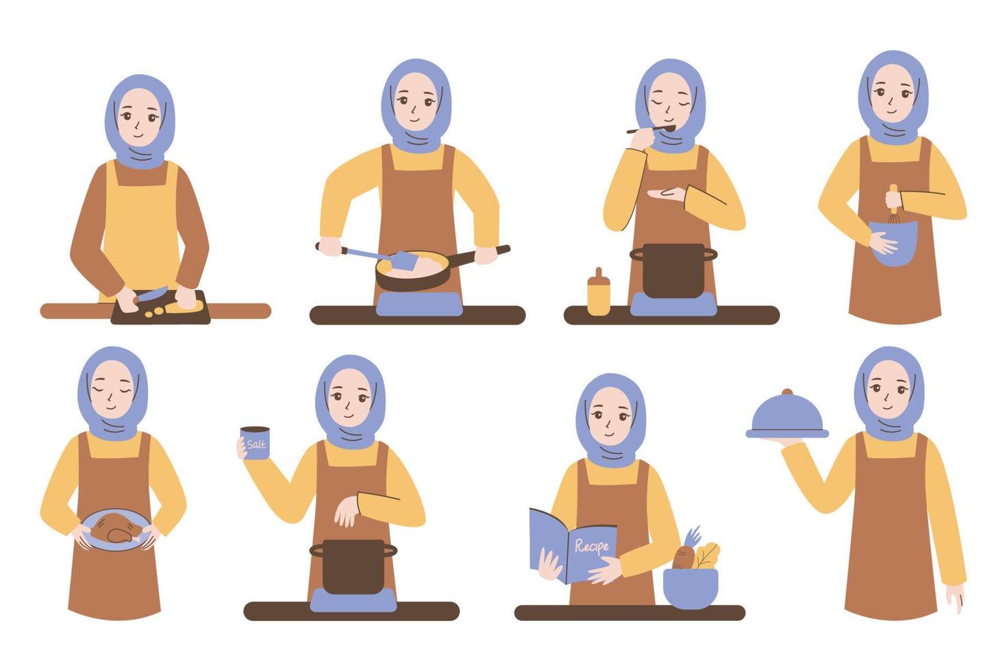 carino musulmano donna cucinando illustrazione vettore piatto