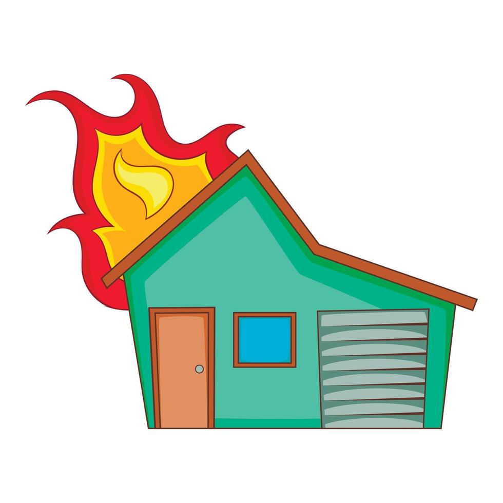 Casa su fuoco icona, cartone animato stile vettore