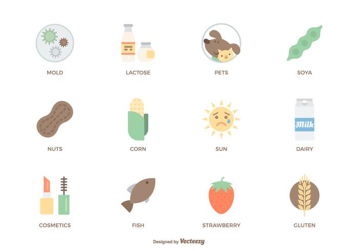 Insieme di vettore delle icone piane di allergia comune