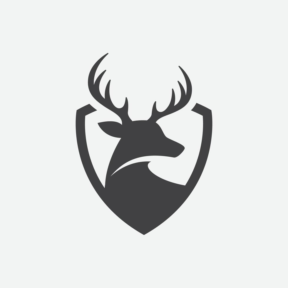 cervo e scudo logo design modello. cervo testa logo icona, cervo scudo icona design illustrazione, impala icona vettore