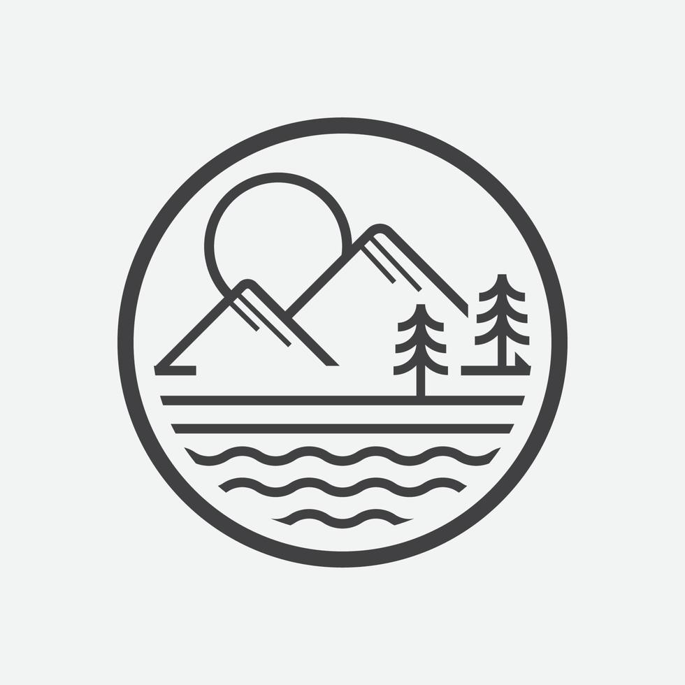 lago circolare logo icona, lago vita illustrazione, lago lineare icona disegno, montagna icona, acqua icona vettore