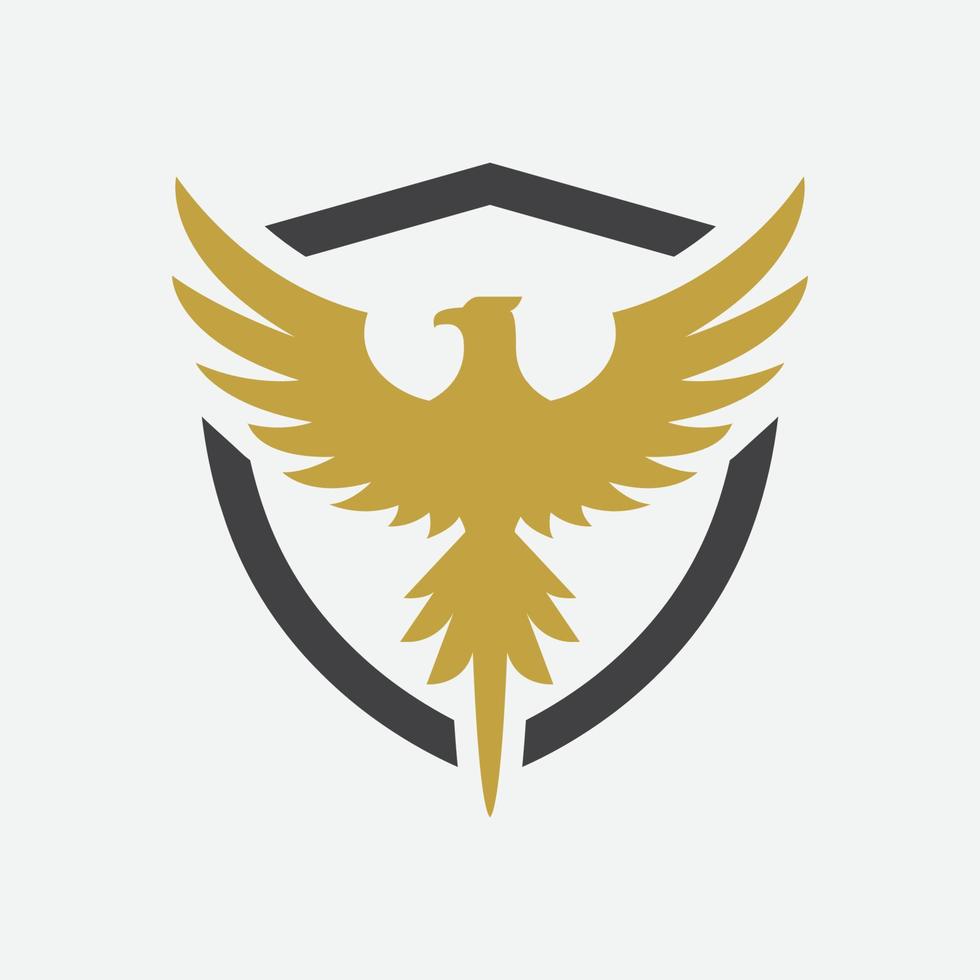 uccello e scudo icona disegno, Fenice logo design illustrazione, falco logo, falco logo, aquila simbolo vettore
