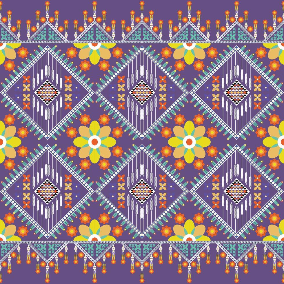 etnico floreale modello tradizionale ricamo stile. geometrico arancia fiore su viola sfondo. design per vestiario, tessuto, avvolgere, batik, tappeto, sfondo. astratto asiatico concetto illustrazione. vettore