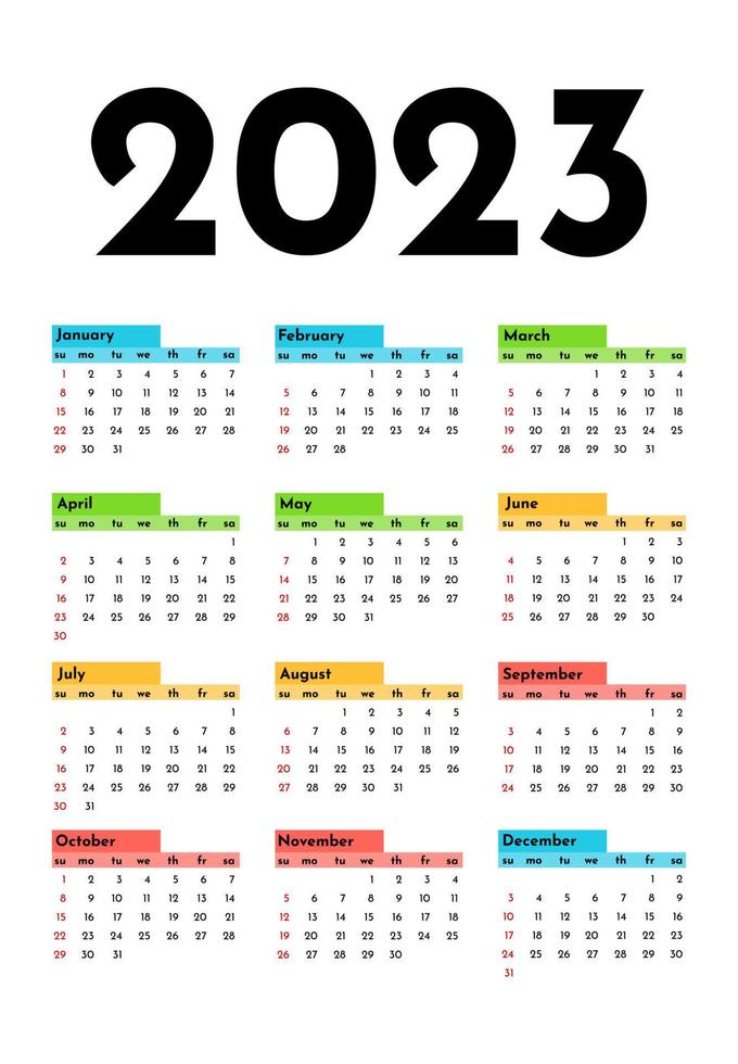 calendario per il 2023 isolato su sfondo bianco. da domenica a lunedì, modello di business. illustrazione vettoriale