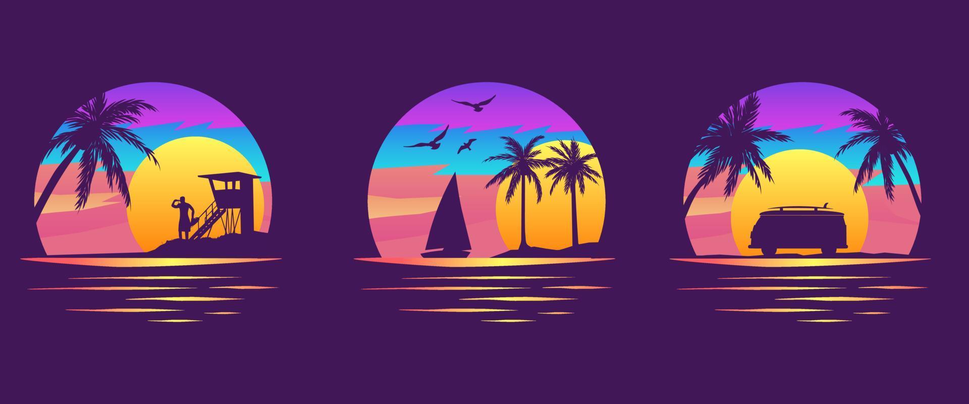 tropicale spiaggia abbigliamento grafico. tramonto, isola, paesaggi. grafico impostato di sagome vettore disegni per Stampa. simboli di vacanze. furgone, palma alberi, luce del sole. Vintage ▾ emblema collezione.