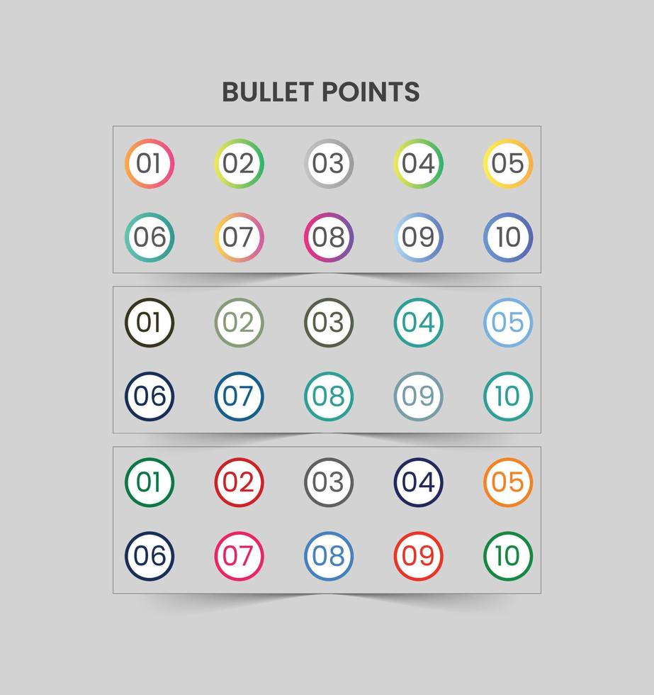 colorato numero proiettile punto, cerchi 1 per 10 vettore, pendenza proiettile vettore