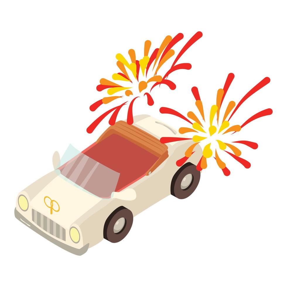 nozze auto icona isometrico vettore. nozze cabriolet e celebrazione fuoco d'artificio vettore