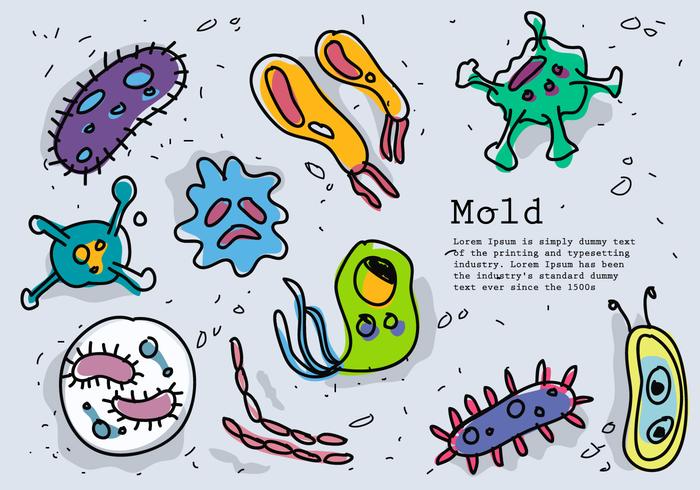 Doodle di disegni vettoriali di batteri e muffe