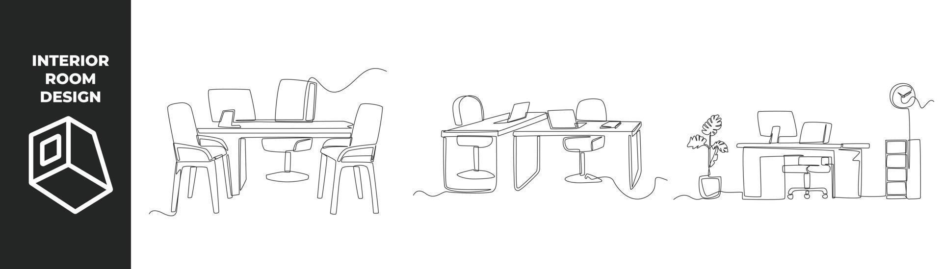 singolo uno linea disegno ufficio interno concetto. ufficio scrivania, sedia, computer, credenza e pianta. continuo linea disegnare design grafico vettore illustrazione.