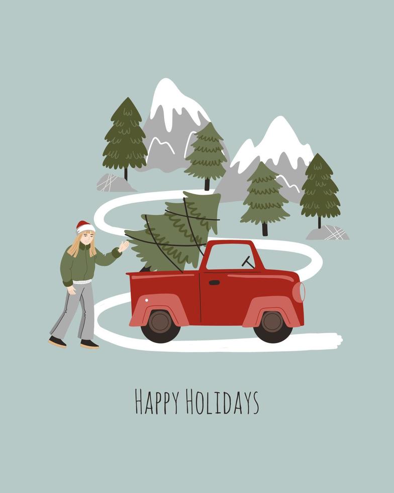 contento donna nel Santa cappello, camion con un' Natale albero e inverno paesaggio. cartone animato illustrazione per manifesto, carta, Stampa vettore