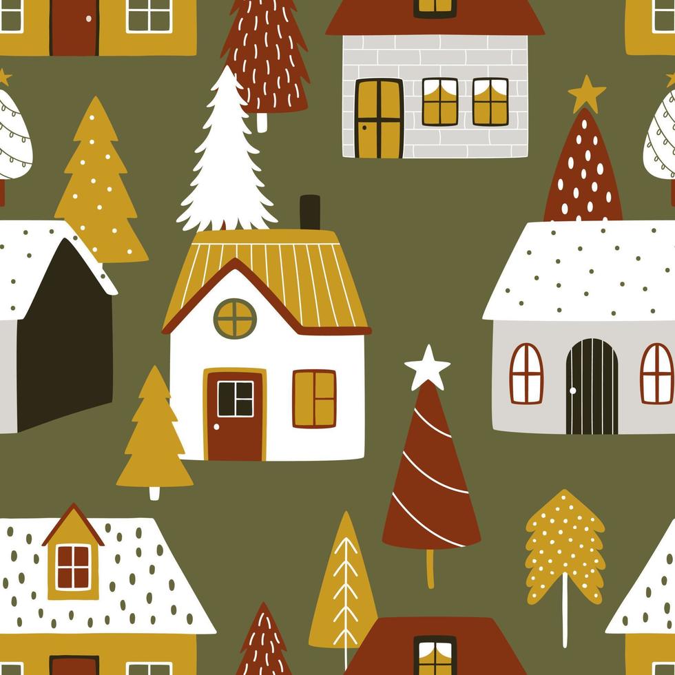 carino case tra Natale alberi su verde sfondo. senza soluzione di continuità modello per involucro i regali per il nuovo anno, e tessuto vettore