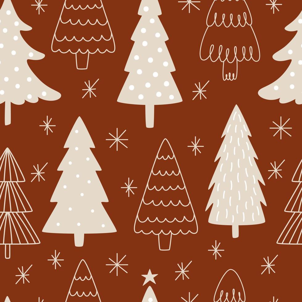 carino disegnato a mano beige Natale alberi su rosso sfondo nel scandinavo stile. senza soluzione di continuità vettore modello per il celebrazione di inverno nuovo anno e Natale vacanze