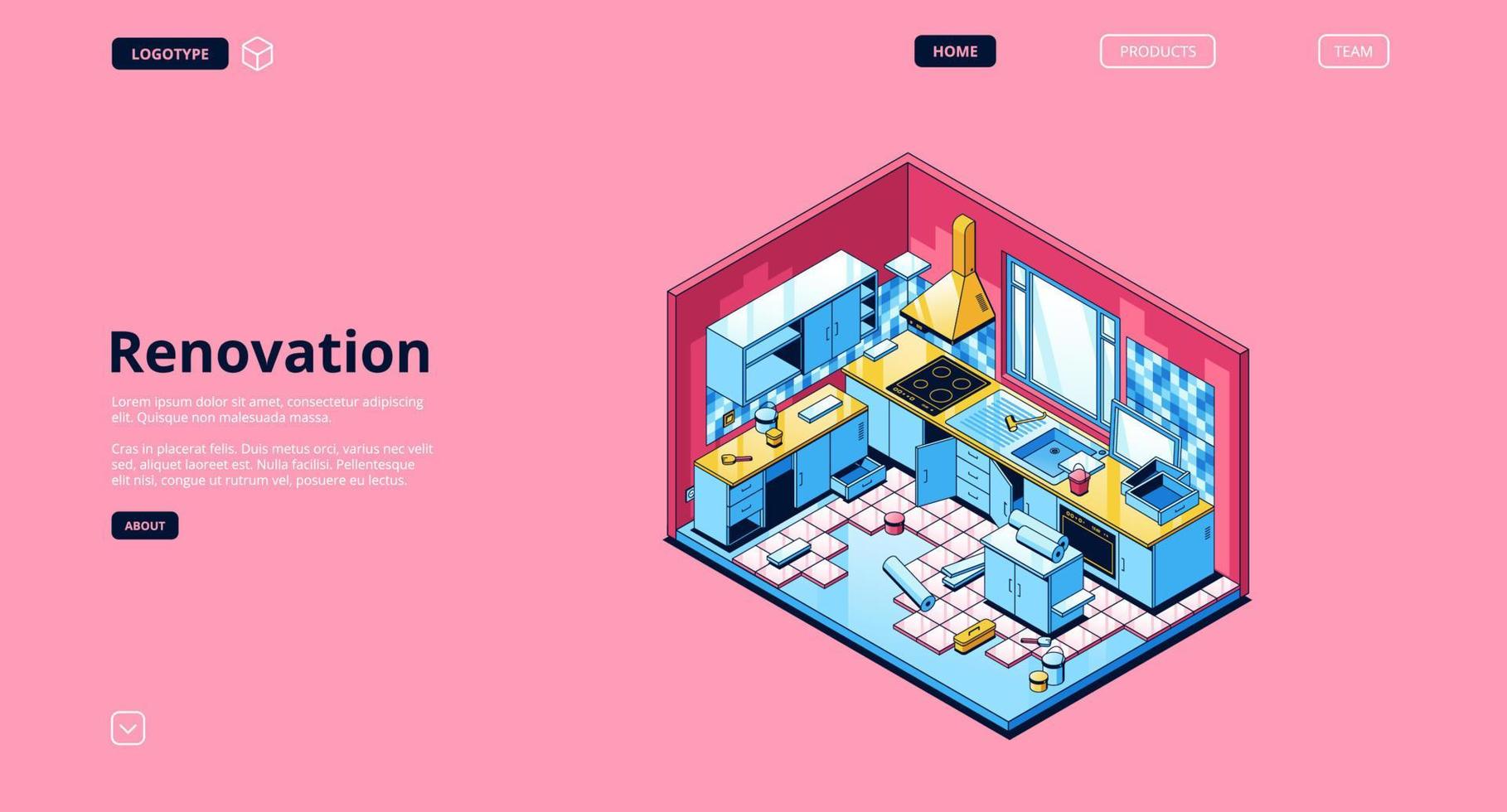 rinnovamento isometrico atterraggio pagina, casa cucina vettore