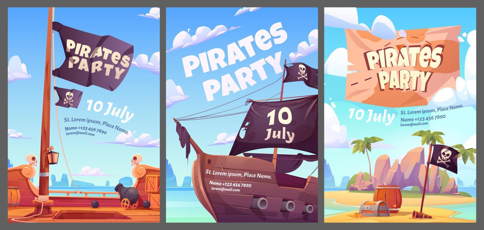pirati festa bambini avventura cartone animato manifesti impostato vettore