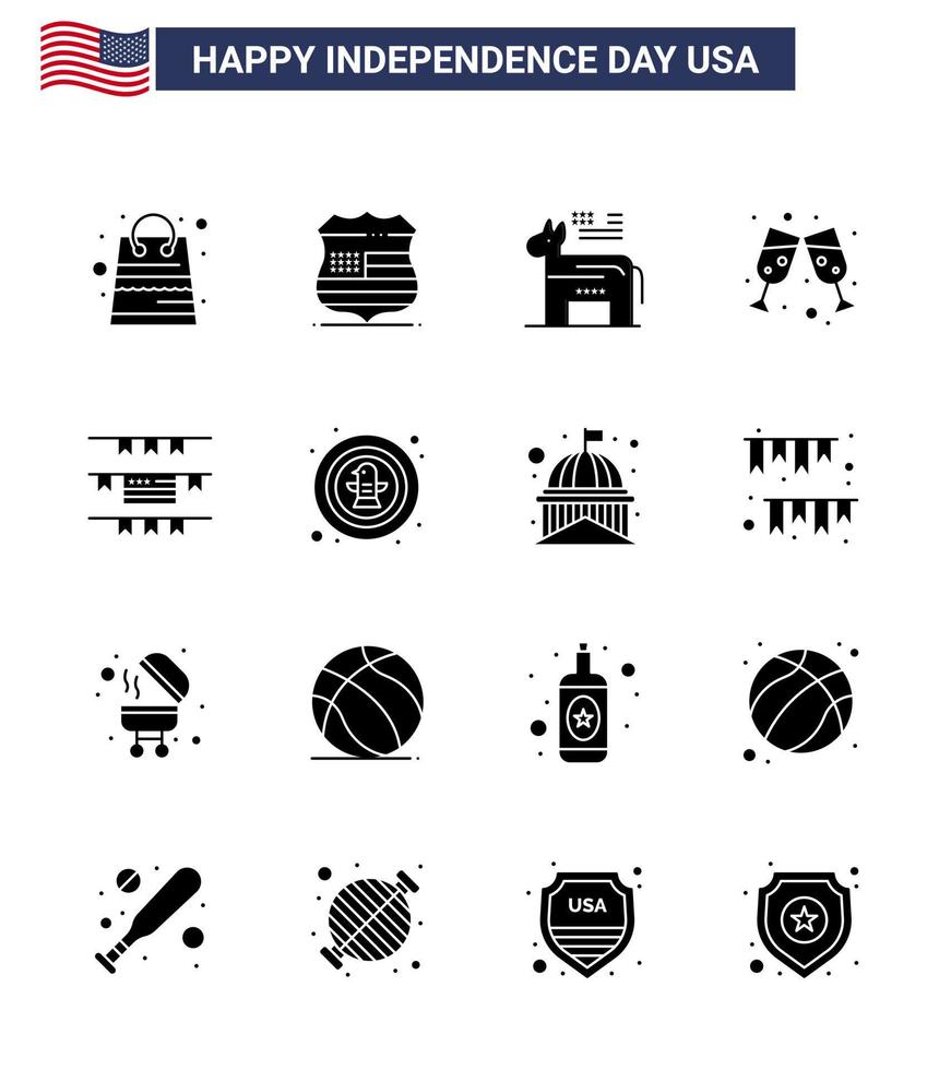 moderno impostato di 16 solido glifi e simboli su Stati Uniti d'America indipendenza giorno come come americano zigoli asino vino bicchiere birra modificabile Stati Uniti d'America giorno vettore design elementi