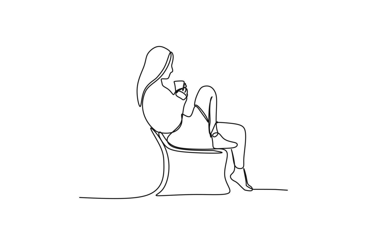 carino ragazza seduta e potabile caffè. uno continuo linea disegno design per hygge concetto vettore