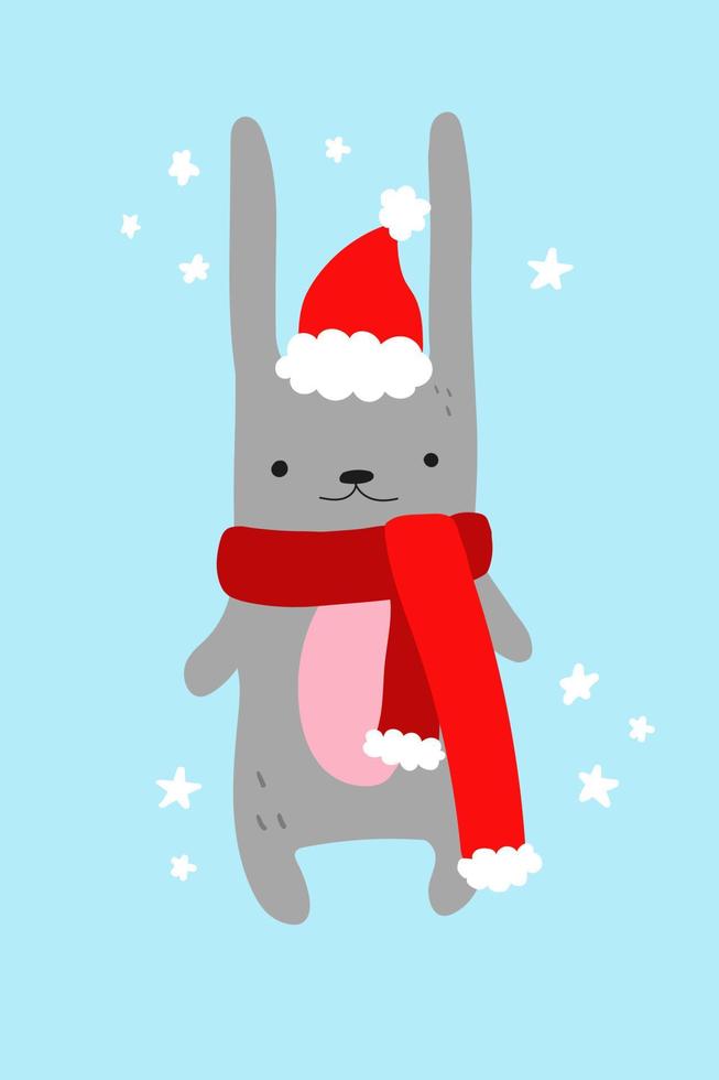 carino grigio coniglio nel un' Santa cappello e rosso sciarpa. piatto scarabocchio Natale inverno vettore. cartone animato animale personaggio per bambini, asilo decorazione, bambino doccia, saluto carta, invito. vettore
