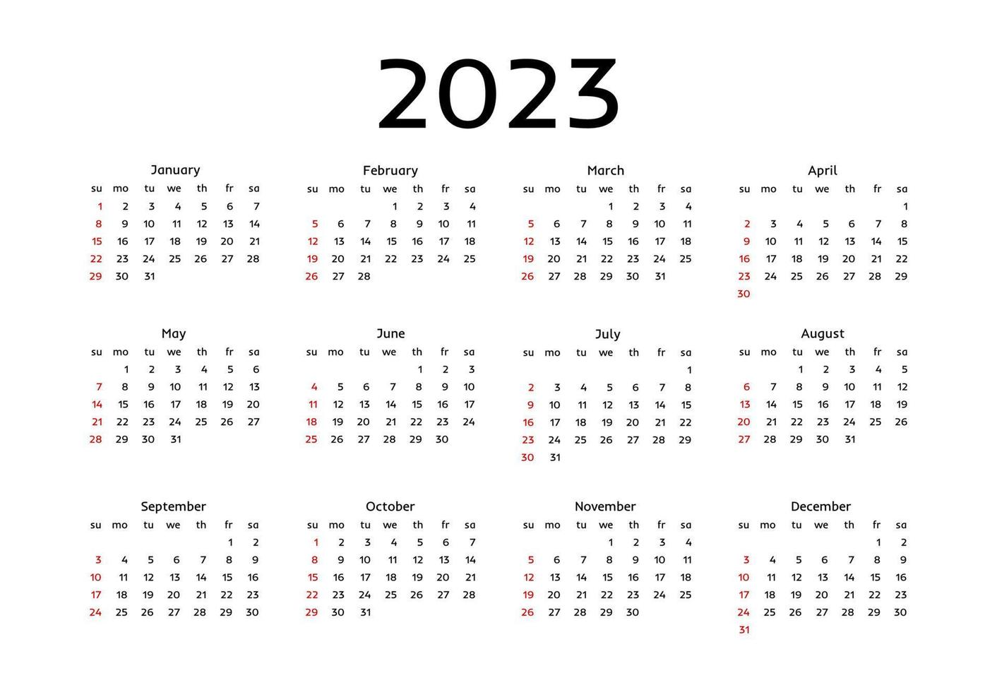 calendario per il 2023 isolato su sfondo bianco. da domenica a lunedì, modello di business. illustrazione vettoriale