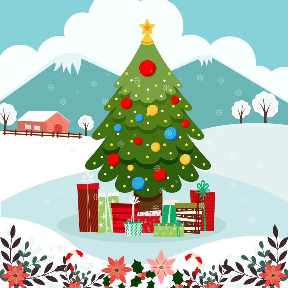 Natale albero con i regali e inverno paesaggio. carino vettore illustrazione nel piatto stile