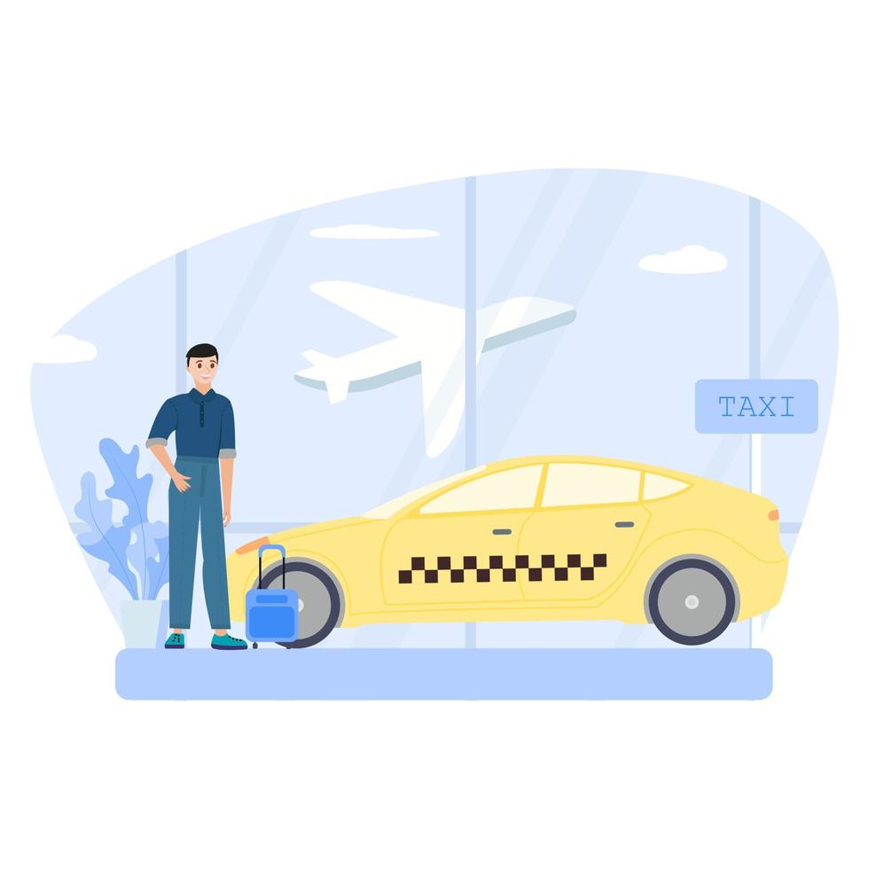 turismo e città viaggio concetto. vettore piatto persone illustrazione. turista hold Bagaglio e zaino. aeroporto, città carta geografica e Taxi auto su cielo sfondo