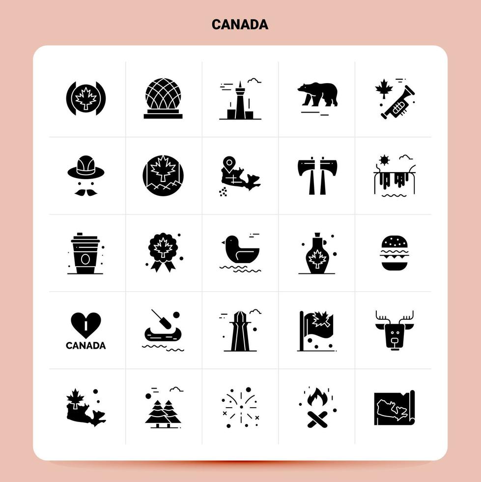 solido 25 Canada icona impostato vettore glifo stile design nero icone impostato ragnatela e mobile attività commerciale idee design vettore illustrazione